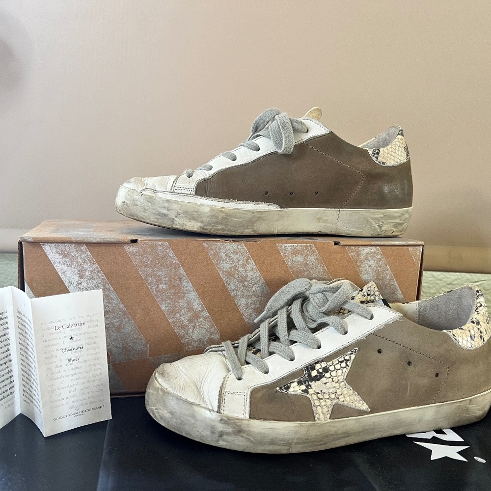Golden Goose Superstar Sneakers- Size 37 - Leather Tan & Snake Skin